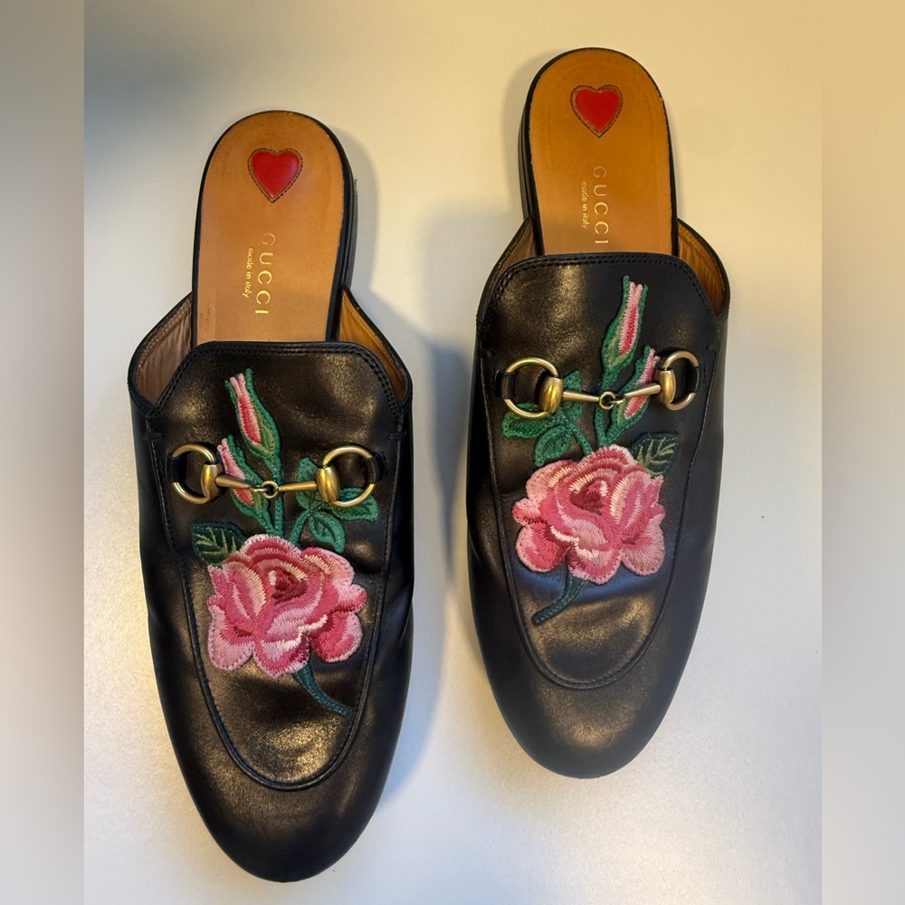 Gucci Black Leather Mules with Pink Floral Embroidery